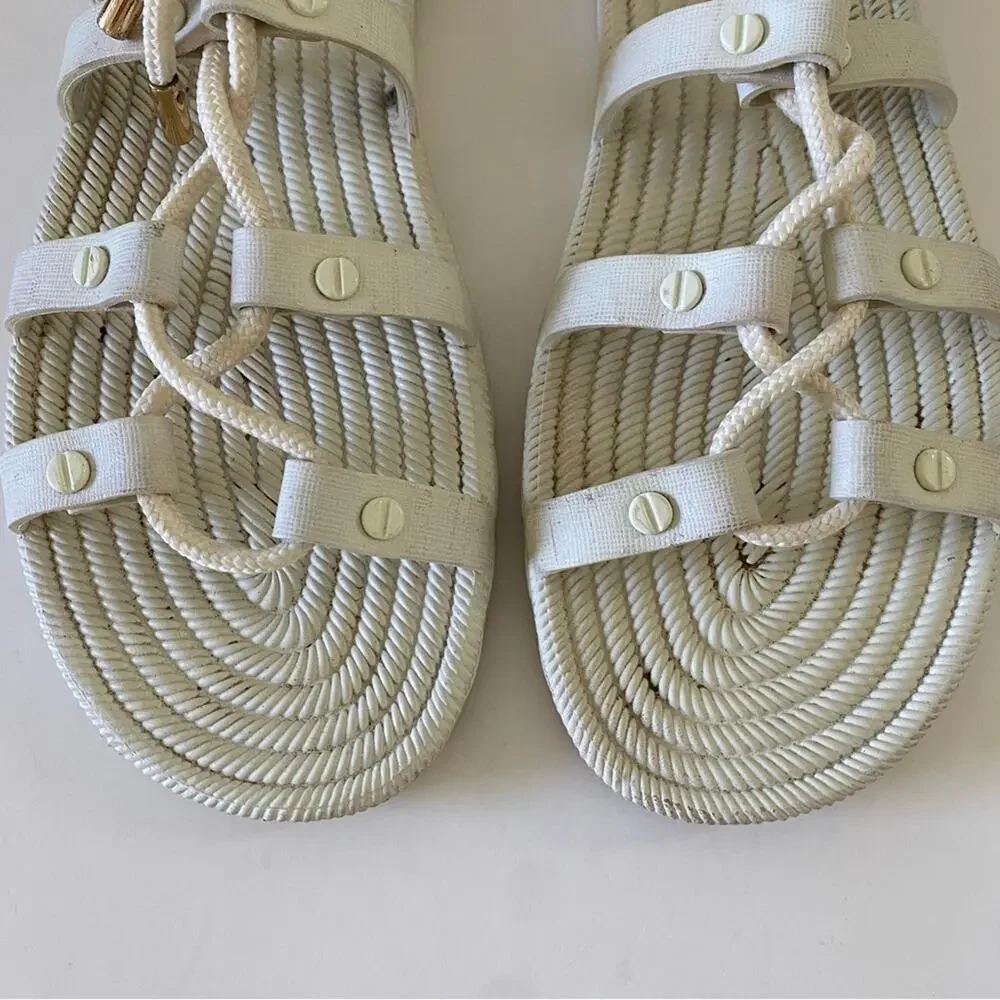 Tory Burch Lace Up Gladiator Rope Strappy Ankle Wrap Flat Sandals Off White - Picture 3 of 10